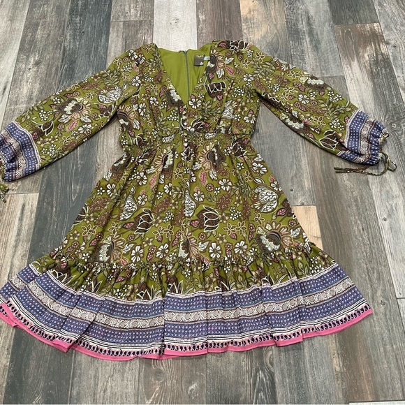 Taylor Smocked Fit & Flare Womens sz 12 Olive Floral Print Flouncy MIDI Dress - Picture 7 of 15